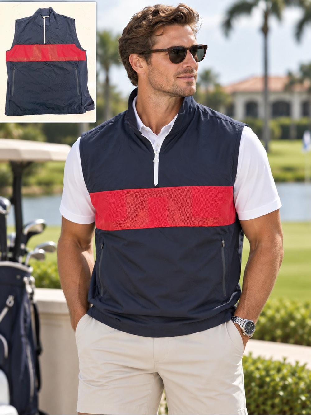 J.Lindeberg Navy and Red Sleeveless Golf Vest